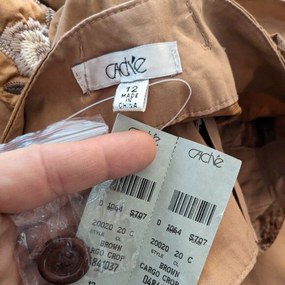 Y2K Cache Cargo Capri Pants 12 Brown Vintage Embroidered Floral Crop Utility - Picture 12 of 16